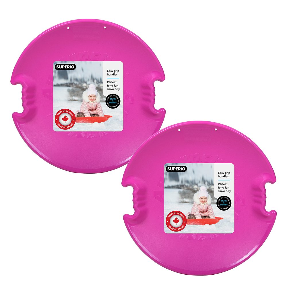 Superio Round Snow Saucer Sleds- 26 Plastic Disc Sleds for Kids and Adults- Heavy Duty Sled Discs with Handles for Downhill Sledding, Winter Outdoor Sports, (Fuchsia)