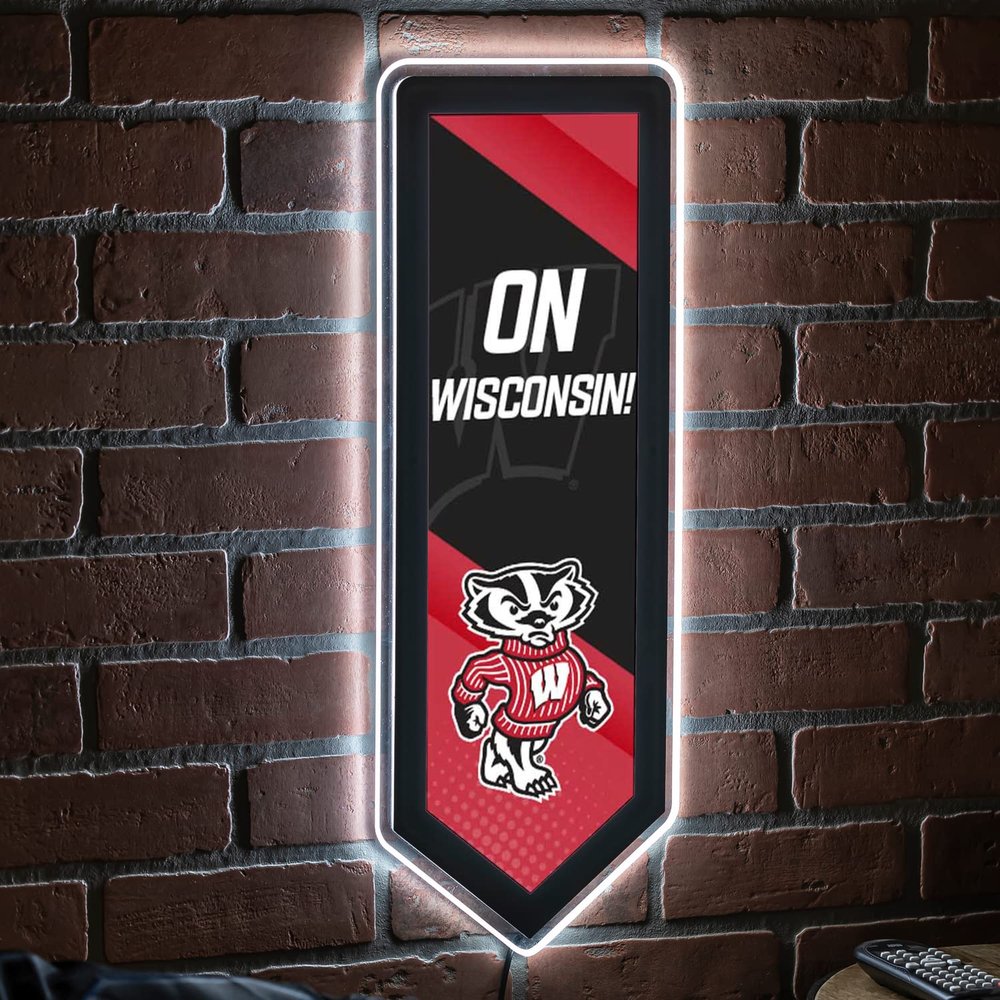 Team Sports America Evergreen NCAA University of Wisconsin-Madison | Ultra-Thin LED Light Wall Sign Decor | Large Pennant Banner | 9 x 23 Inches | Made in the USA