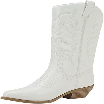 Soda RENO ~ Women Western Cowboy Stitched Pointe Toe Low Heel Ankle Mid Shaft Fashion Boots White/Beige Pu 6.5