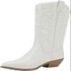 Soda RENO ~ Women Western Cowboy Stitched Pointe Toe Low Heel Ankle Mid Shaft Fashion Boots White/Beige Pu 6.5 view 1