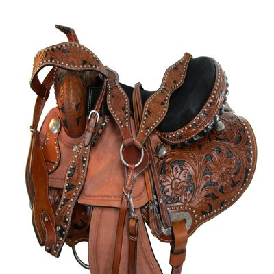 Western Saddle Barrel Racing Horse Pleasure Cowboy Floral Tooled Leather with TACK 15 16 17 (16 in)