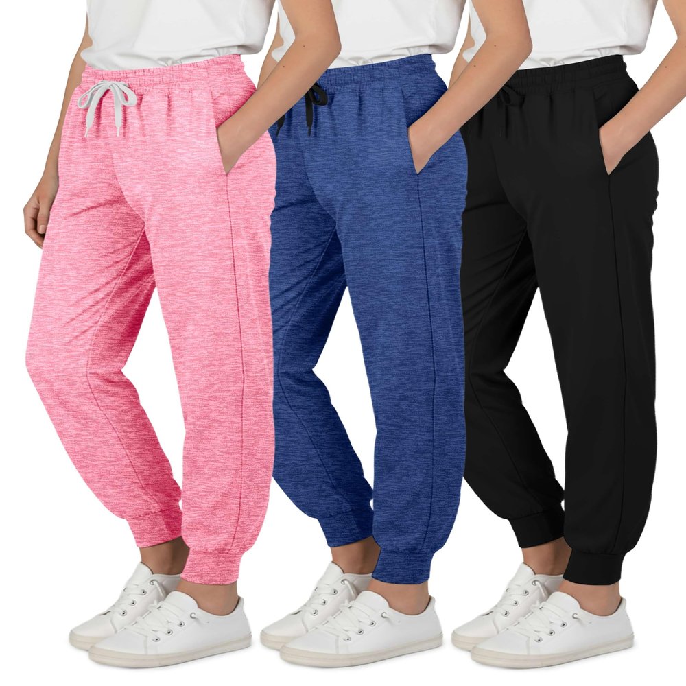 Real Essentials 3 Pack: Girls' Dry-Fit Jogger Sweatpants - Kids Teens Running Athletic Pants with Pockets -Set 2, M (10/12)