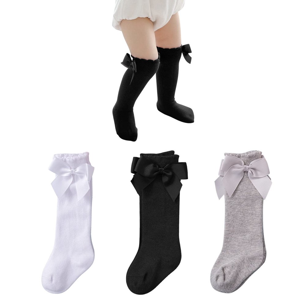 Century Star Baby Girls Bow Knee High Socks Toddlers Ruffled Tube Socks Infant School Uniform Leggings Long Stockings 03Pcs Black&White&Grey 2-3T