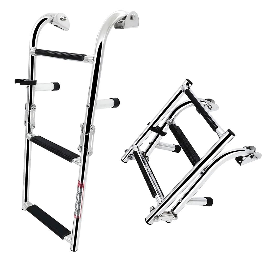 MojIate Stainless Steel 3 Step Folding Boat Ladder 2+1 Steps Portable Swim Ladder Telescoping Stepladder with 250mm Width for Marine Yacht Boat and More