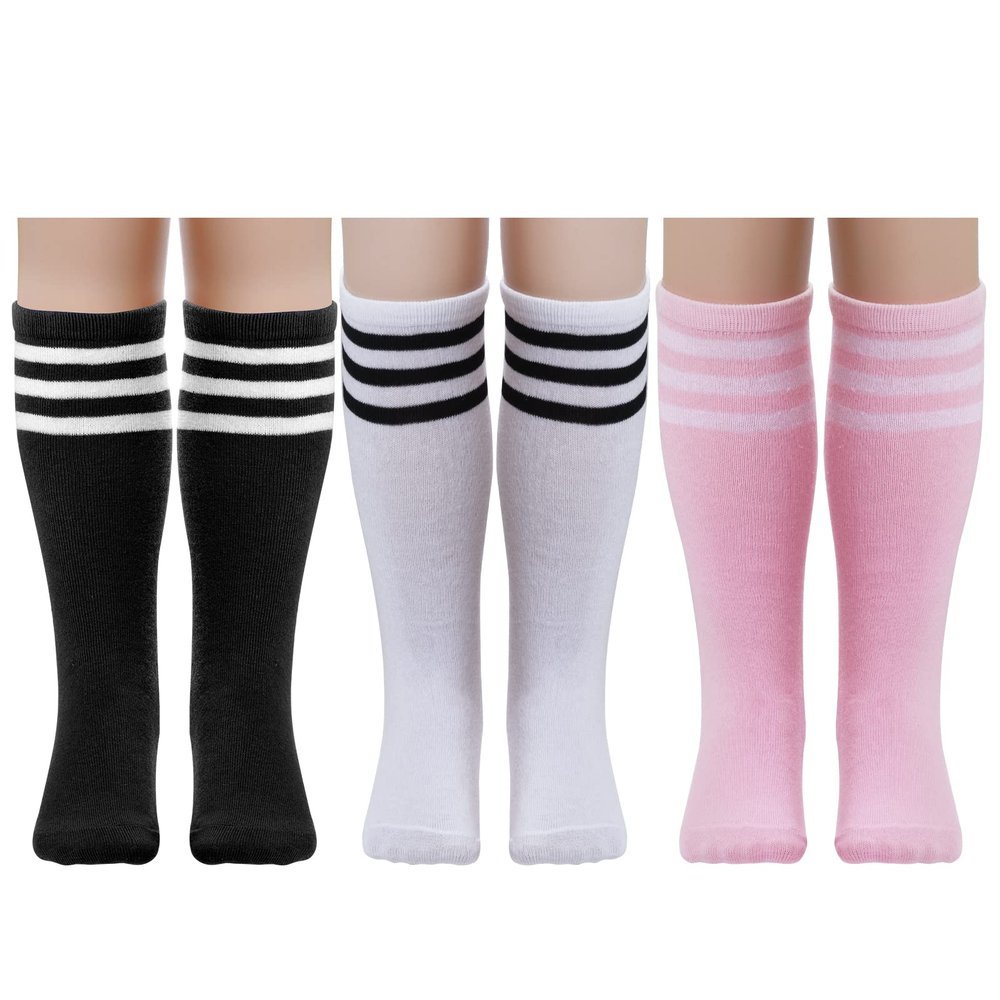 Dxhycc 3 Pairs Kids Soccer Socks Stripes Knee High Tube Socks School Cotton Uniform Sports Socks for Toddler Girls and Boys