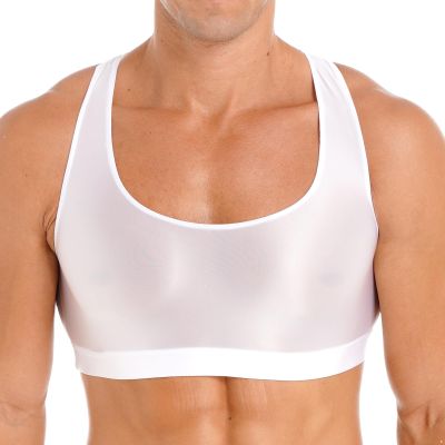 FEESHOW Mens Glossy Muscle Tops Workout Vest Crop Tops Bodybuilding Compression Stringer Tee Shirt White X-Large