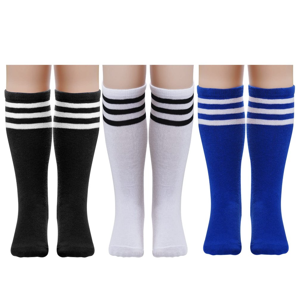 Dxhycc 3 Pairs Kids Soccer Socks Stripes Knee High Tube Socks School Cotton Uniform Sports Socks for Toddler Girls and Boys