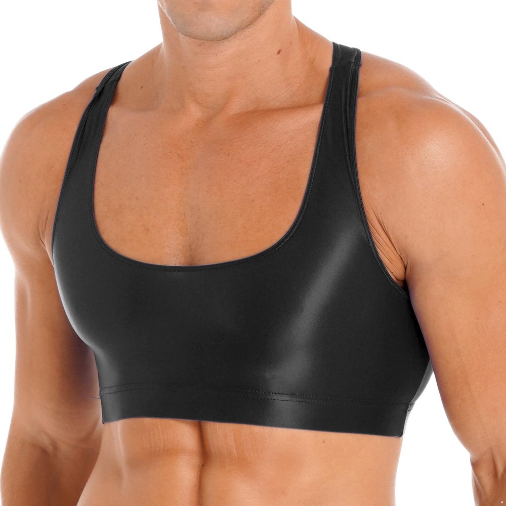 FEESHOW Mens Glossy Muscle Tops Workout Vest Crop Tops Bodybuilding Compression Stringer Tee Shirt Black X-Large