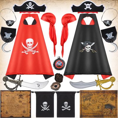 HyDren 2 Set Pirate Cape Costume Accessories, Pirate Cosplay Role Play Set Decoration Halloween Party Gift for Kids Boy Girl(Black and Red Cape)