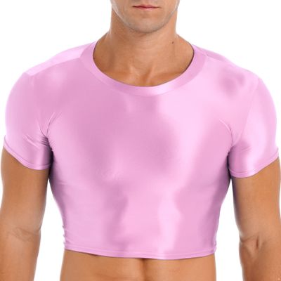 FEESHOW Men's Glossy Short Sleeve Muscle Half Tank Top Sport T-Shirts Workout Sexy Crop Tops Pink X-Large