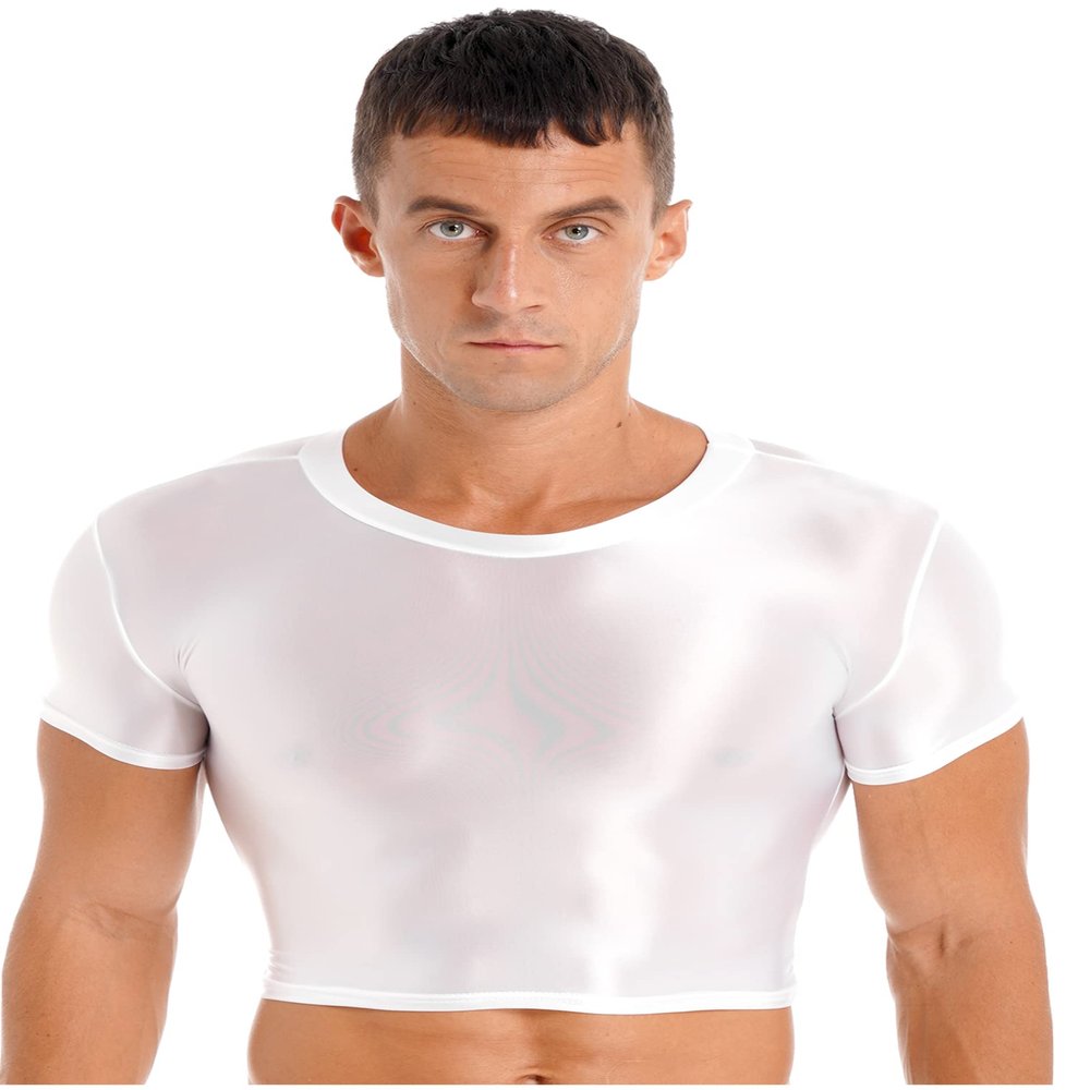 ACSUSS Summer Men's Super Short T-Shirt Gym Sport Basic Pullover Crop Tops T-Shirt Blouses Shirt White Large