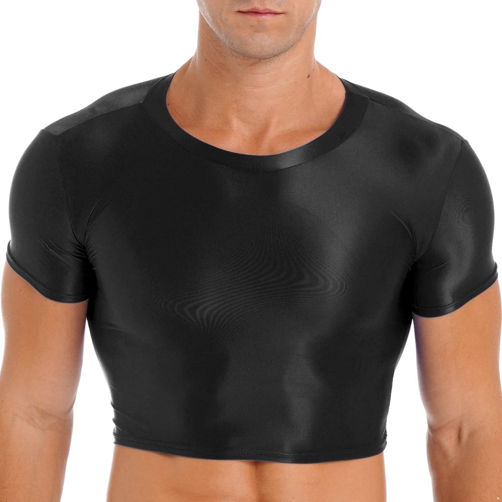 Jhaoyu Men's Sheer Undershirts Ice Silk Glossy Basics Shirts Sexy Fitness Bodybuilding Half Shirt Black X-Large