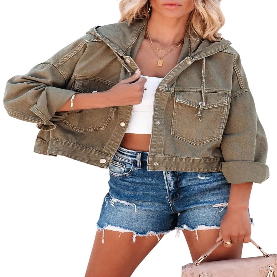 chouyatou Women's Washed Cropped Denim Jacket Button Up Hooded Jean Shacket Jacket Tops (Medium, Olive)