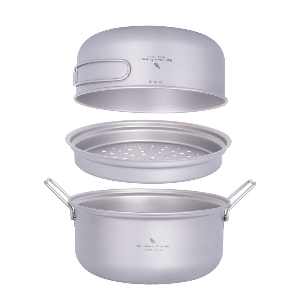 iBasingo 1.8L Titanium Steamer Stockpot and Fry Pan Set Ultralight Cooking Pot Pan Portable for Outdoor Camping Backpacking Household Kitchen Ti2102C