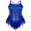 winying Women's Shiny Sequin Tassel Latin Jazz Dance Leotard Mesh Patchwork Bodysuit Dance Costume Royal_Blue Medium view 3