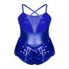 winying Women's Shiny Sequin Tassel Latin Jazz Dance Leotard Mesh Patchwork Bodysuit Dance Costume Royal_Blue Medium view 4