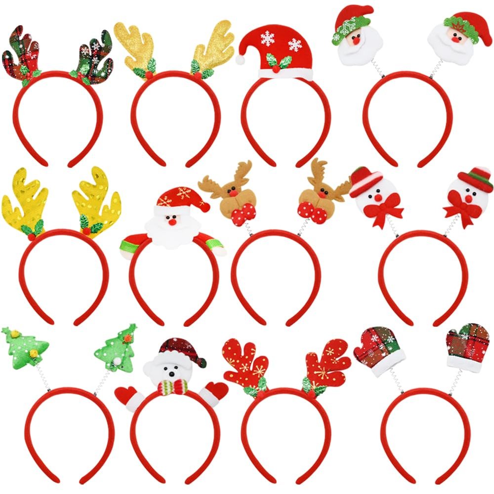 12 PCS Christmas Headbands Christmas Reindeer Costume Head Boppers, Cute Christmas Hair Accessories ELF Hats for Women Men