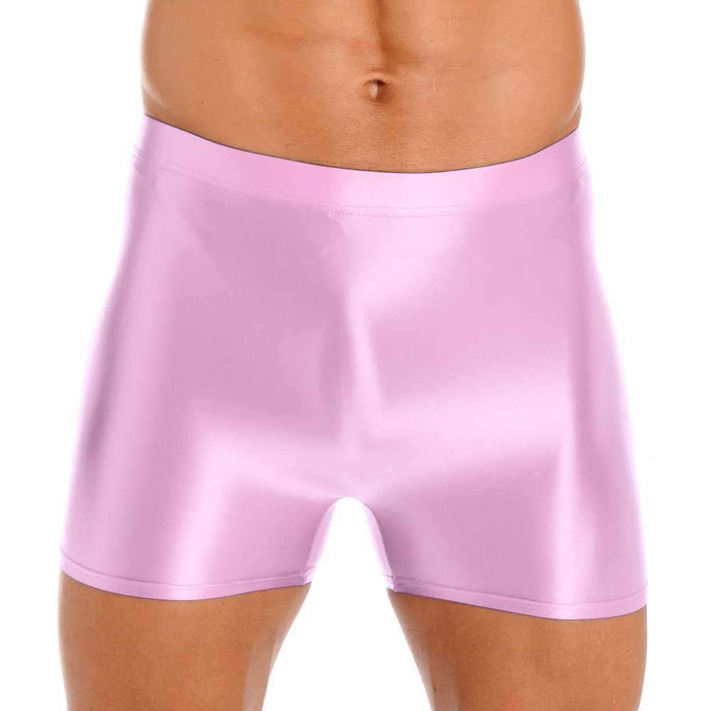 FEESHOW Mens Glossy Athletic Shorts Workout Bodybuilding Beach Sports Swim Trunks Board Shorts Pink X-Large