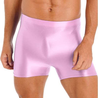 Yihuimin Men's Glossy Compression Shorts Sports Gym Boxer Briefs Underwear Swim Trunks Swimwear Pink Large