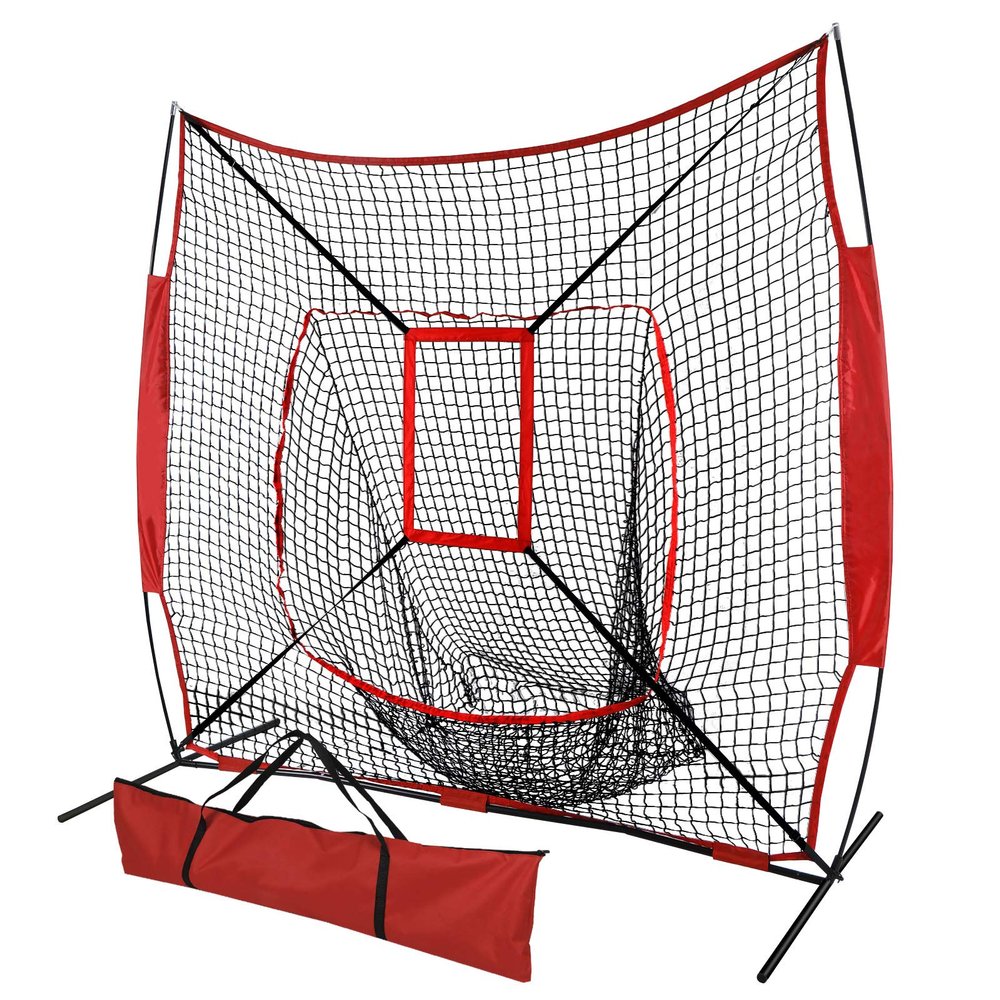 7' x 7' Baseball Softball Hitting & Pitching Practice Net Batting Pitching Training Aid Net w/Carry Bag, Strike Zone and Metal Bow Frame, Baseball Throwing Net for All Levels