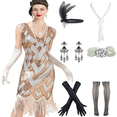 1920s Vintage Inspired Sequin Embellished Fringe Long Gatsby Tassels Hem Flapper Dress 20s Accessories Set