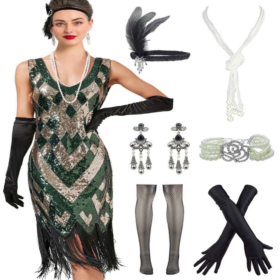 1920s Vintage Inspired Sequin Embellished Fringe Long Gatsby Tassels Hem Flapper Dress 20s Accessories Set