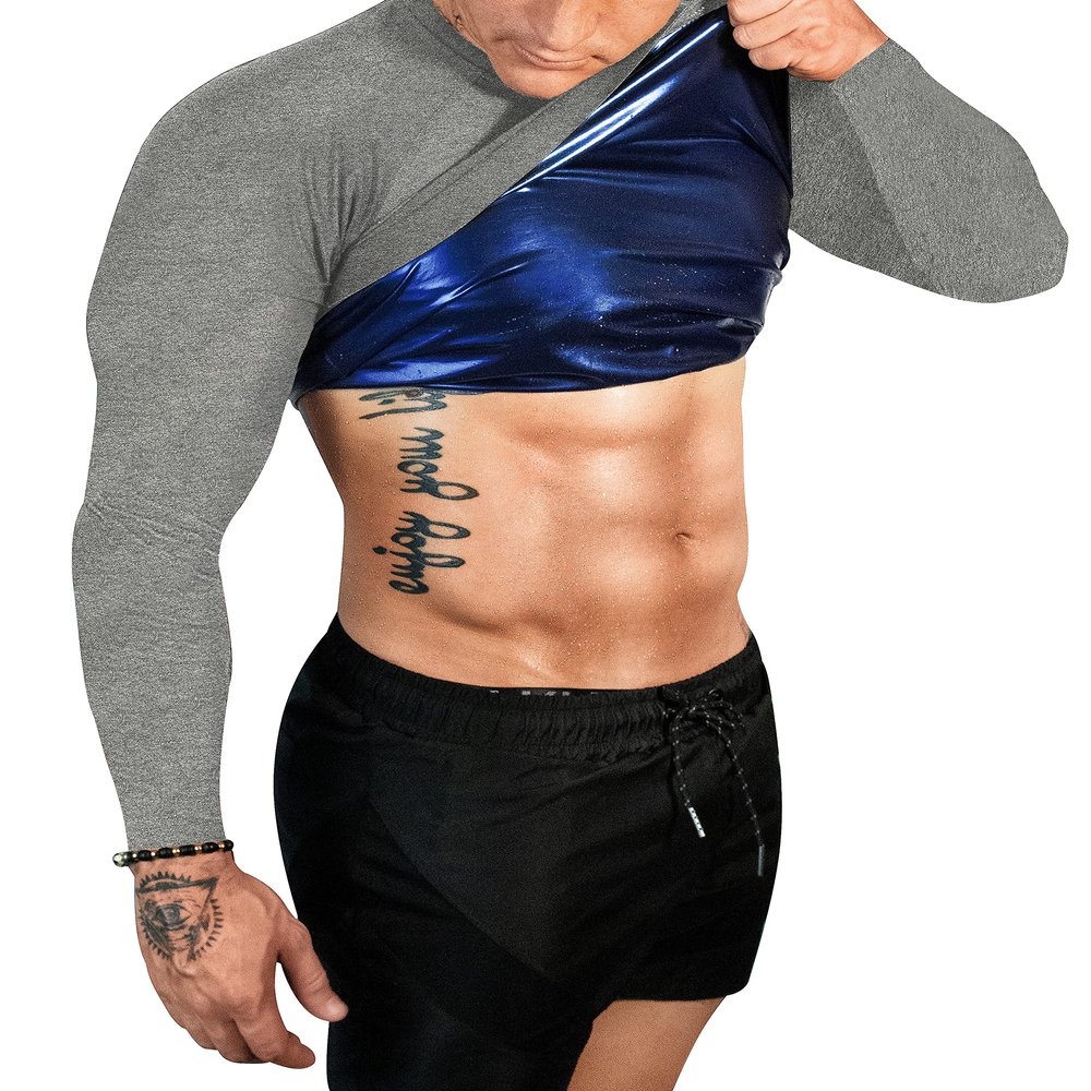 FUXERT Sauna Shirt for Men Long Sleeve Sauna Suit Heat Trapping Workout Shirts Sweat Enhance Vest for Workout Sports(GY L)