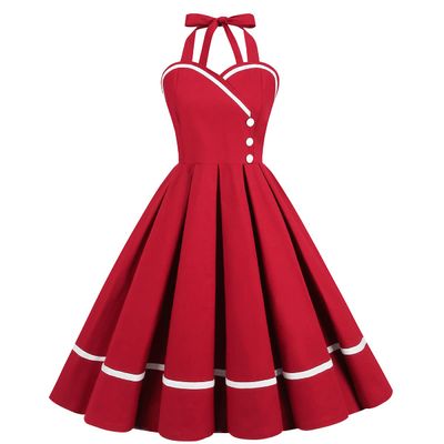 50s Vintage Halter Dress for Women 1950 Rockabilly Dresses Fit and Flare Cocktail Dress 60s Dress Vintage Spring Tea Party Swing Dress Red-Button Large
