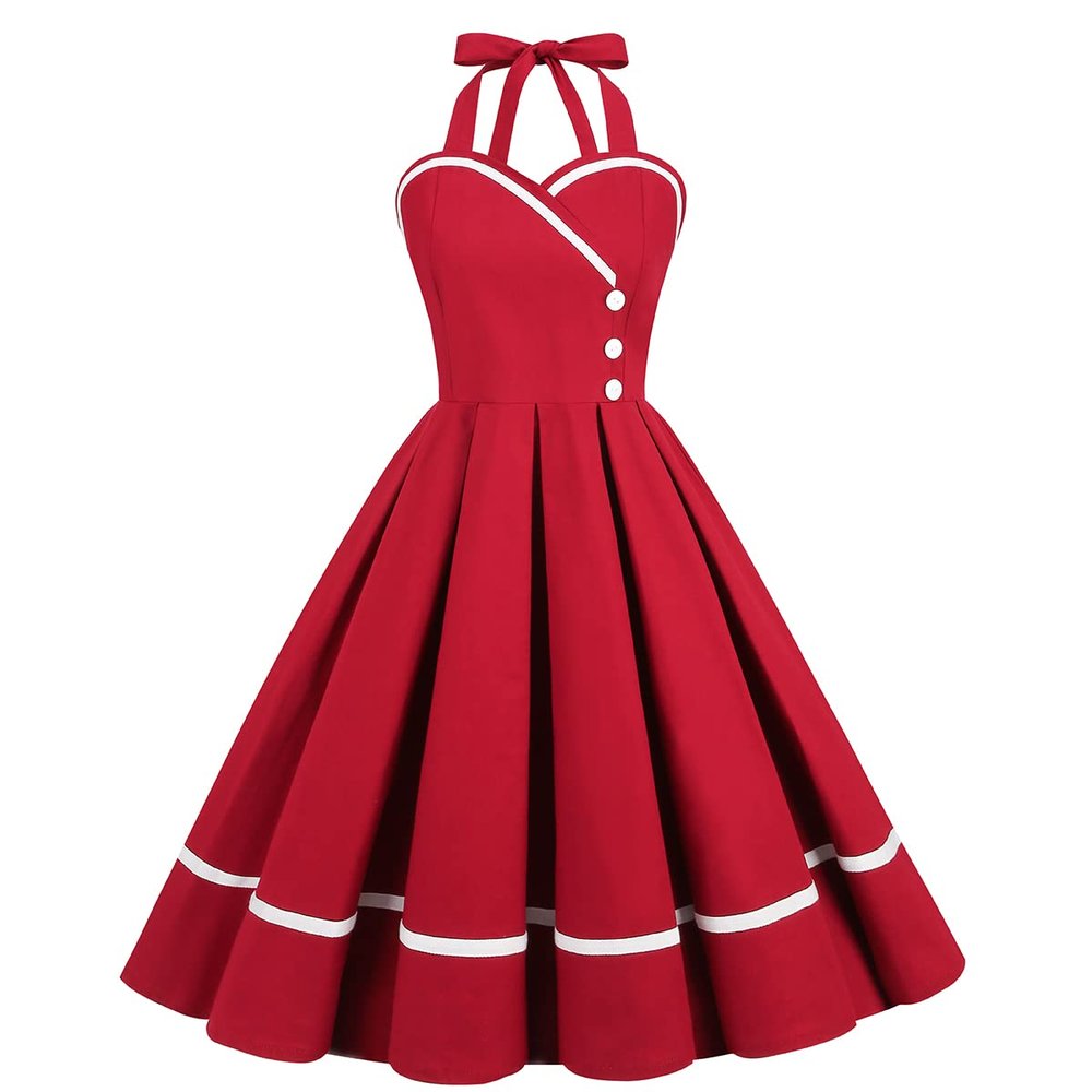 50s Vintage Halter Dress for Women 1950 Rockabilly Dresses Fit and Flare Cocktail Dress 60s Dress Vintage Spring Tea Party Swing Dress Red-Button Large