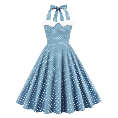 50s Dresses for Women Vintage Halter Polka Dot Cocktail Dresses 1950s Halter Rockabilly Dresses 50's 60's Prom Tea Party Swing Dresses Audrey Hepburn Prom Dress Light Blue-Polka Medium