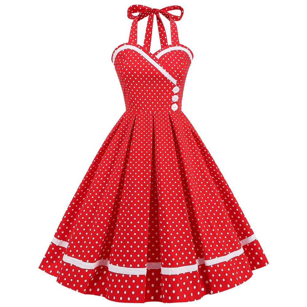50s Dresses for Women Vintage Halter Polka Dot Cocktail Dresses 1950s Halter Rockabilly Dresses 50's 60's Prom Tea Party Swing Dresses Audrey Hepburn Prom Dress Red Polka-Button Large