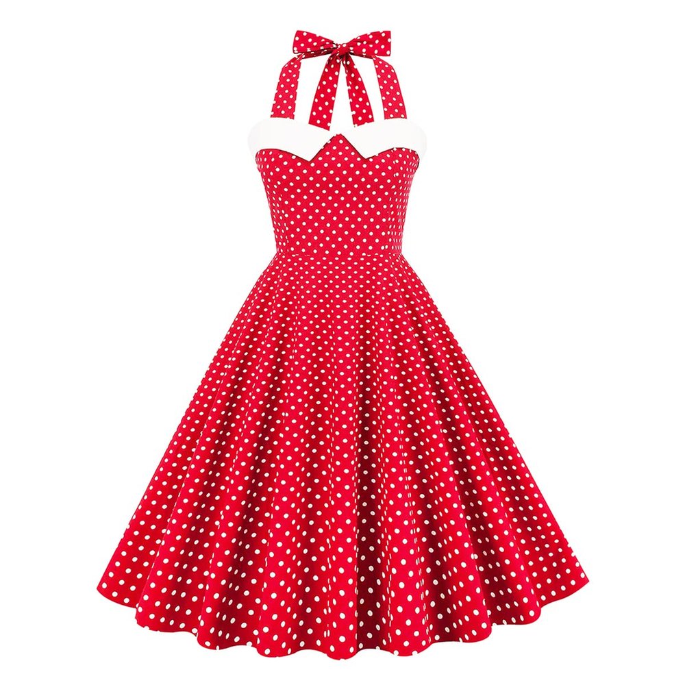 50s Dresses for Women Vintage Halter Polka Dot Cocktail Dresses 1950s Halter Rockabilly Dresses 50's 60's Prom Tea Party Swing Dresses Audrey Hepburn Prom Dress Red-Polka Medium