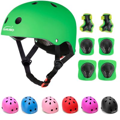 KAMUGO Kids Adjustable Helmet, with Sports Protective Gear Set Knee Elbow Wrist Pads for Toddler Age 3-8 Boys Girls, Bike Skateboard Hoverboard Scooter Rollerblading Helmet Set (Green)