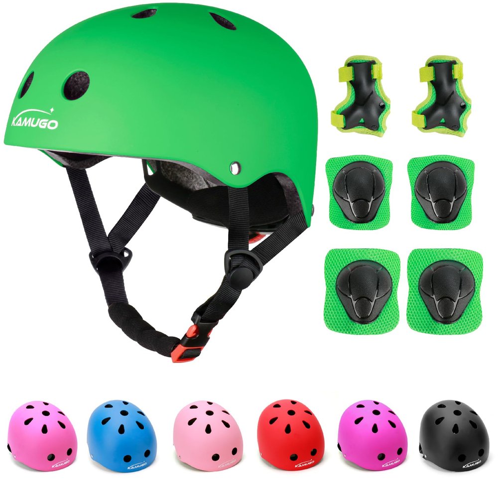 KAMUGO Kids Adjustable Helmet, with Sports Protective Gear Set Knee Elbow Wrist Pads for Toddler Age 3-8 Boys Girls, Bike Skateboard Hoverboard Scooter Rollerblading Helmet Set (Green)