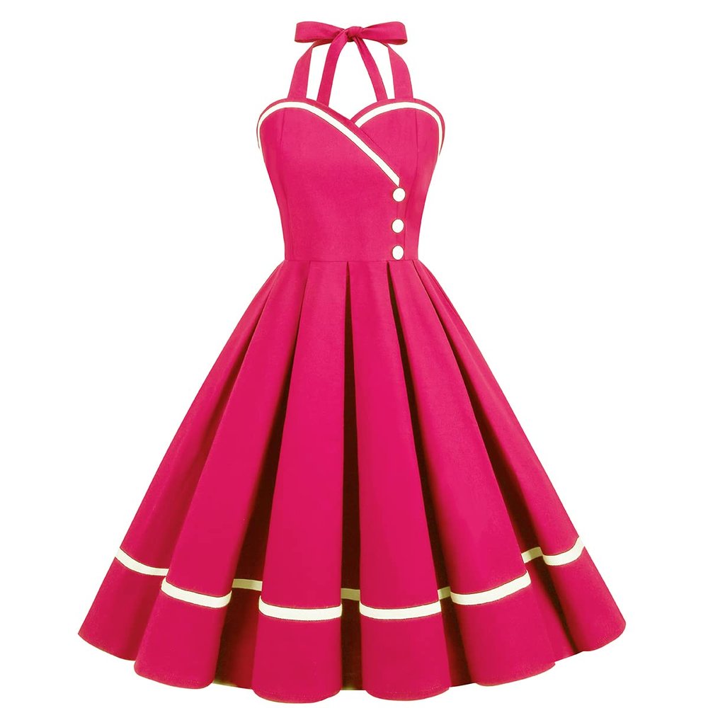50s Vintage Halter Dress for Women 1950 Rockabilly Dresses Fit and Flare Cocktail Dress 60s Dress Vintage Spring Tea Party Swing Dress Hot Pink-Button Small