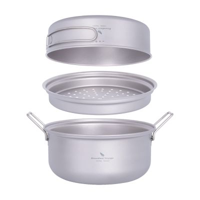 Boundless Voyage Titanium Steamer Stockpot with Fry Pan Set Ultralight Outdoor Cooking Pot Camping Pots and Pans Set Family Big Capacity Soup Pot Ti2101C
