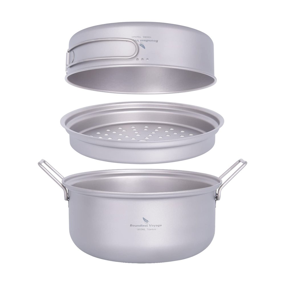 Boundless Voyage Titanium Steamer Stockpot with Fry Pan Set Ultralight Outdoor Cooking Pot Camping Pots and Pans Set Family Big Capacity Soup Pot Ti2101C