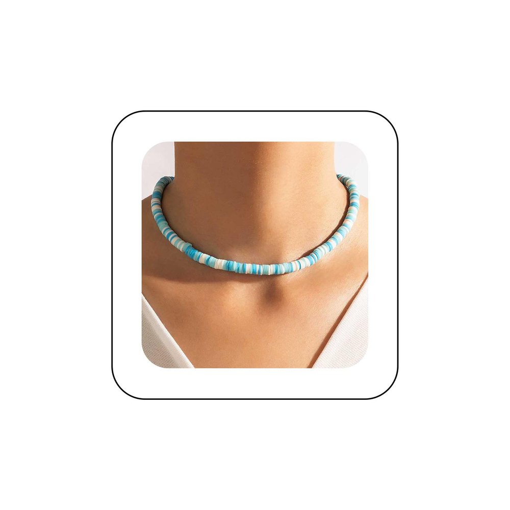 Andelaisi Boho Heishi Surf Choker Necklace Heishi Bead Choker Necklace Vinyl Disc Bead Necklace Chain Vinyl Bead Collar Necklace Chain Jewelry for Women