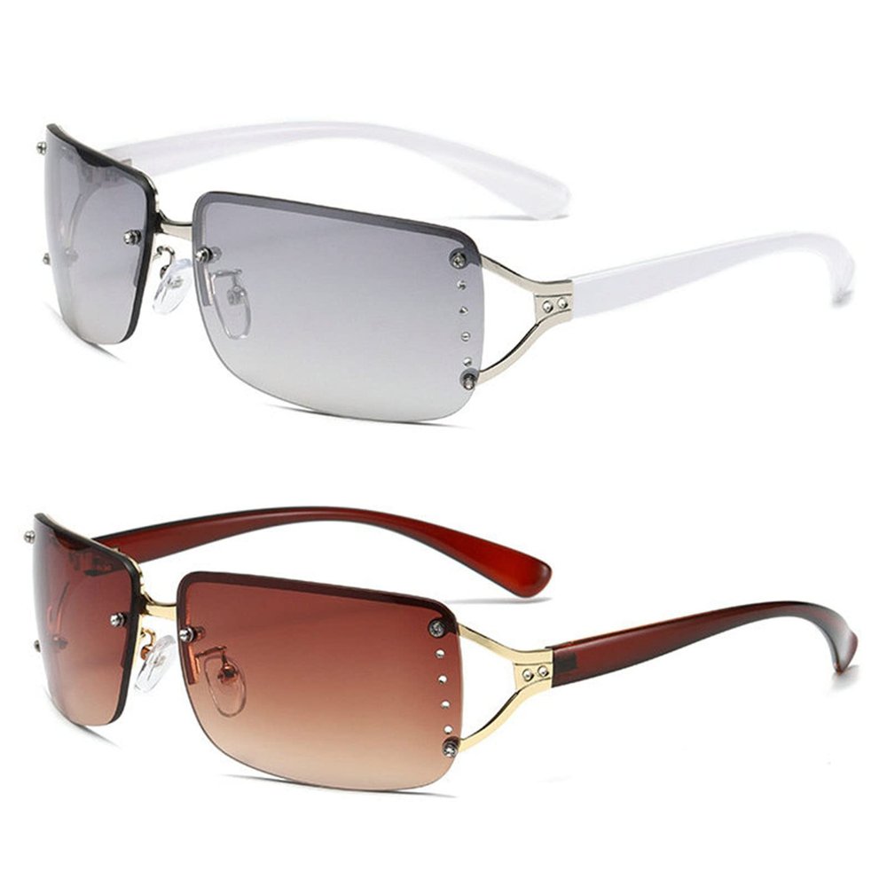 willochra 2pcs Diamond Rimless Sunglasses Women Luxury Bling Oval Rectangular Rhinestone Sunglasses Shield Goggle sunglasses Shades (2pcs-brown&silver lens)
