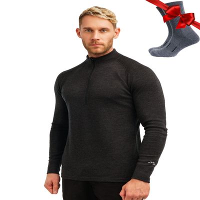 Merino Wool Base Layer Mens - Wool Half Zip Sweater Men - Merino Quarter Zip Sweater Lite, Midweight, Heavyweight and Socks (Small, 250 Charcoal Grey)
