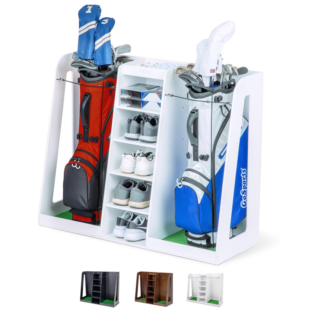 GoSports Premium Wooden Golf Bag Organizer and Storage Rack - Choose Your Style