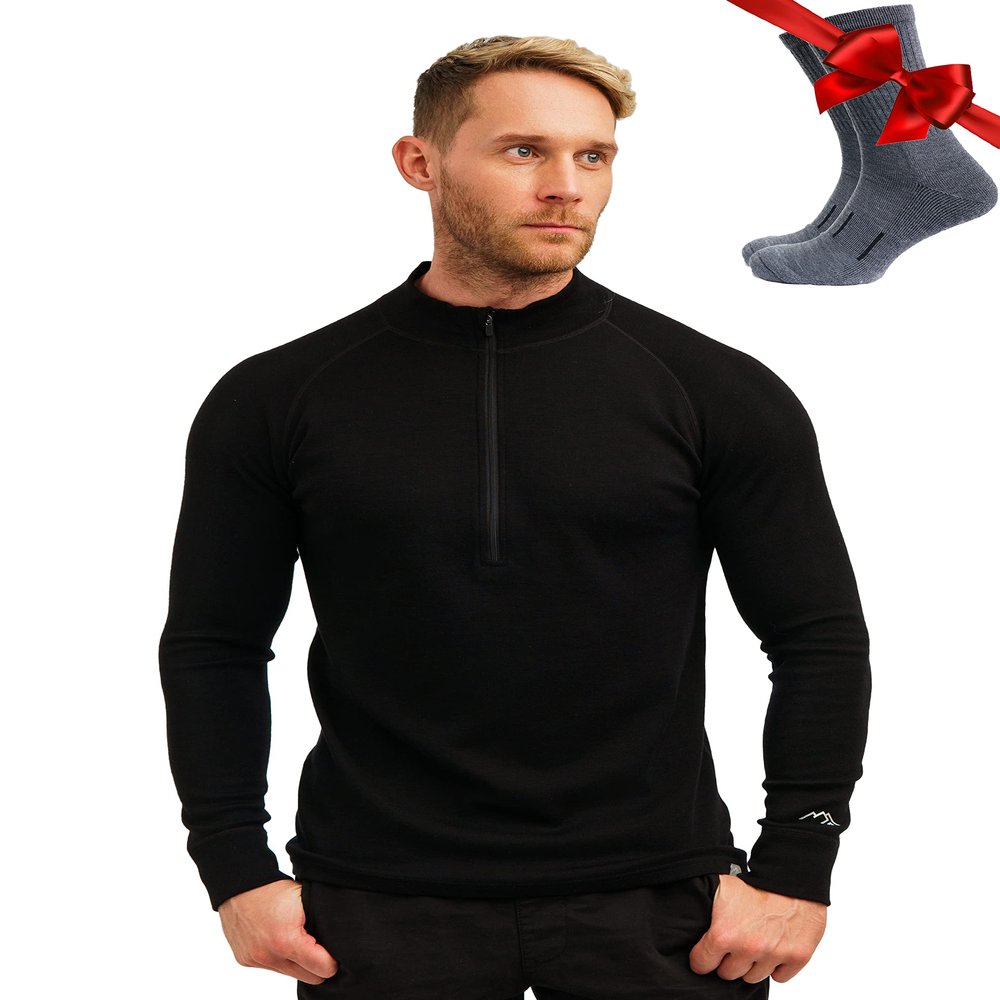 Merino Wool Base Layer Mens - Wool Half Zip Sweater Men - Merino Quarter Zip Sweater Lite, Midweight, Heavyweight and Socks (X-Large, 250 Black)