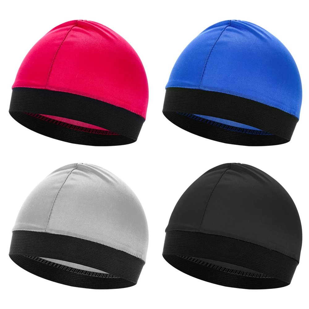 Lusofie 4 Pack Kids Satin Wave Caps - Breathable & Wicking Sports Caps for Boys & Girls, Stretchy Football Running Hats for Toddler to Teen, Multicolor Elastic Boo Boo Cap for Hair & Sweat Protection