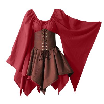 XUNRYAN Women's Plus Size Renaissance Dress with Corset Irish Elf Costume Elven Archer Short Dresses Halloween Costumes Red