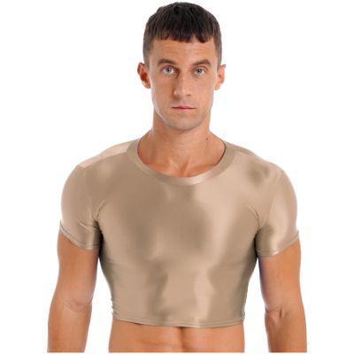 Yihuimin Men's Shiny Oil Short Sleeve Crop Tops Shirt Gym Sports Workout Compression T-Shirt Blouse Coffee X-Large