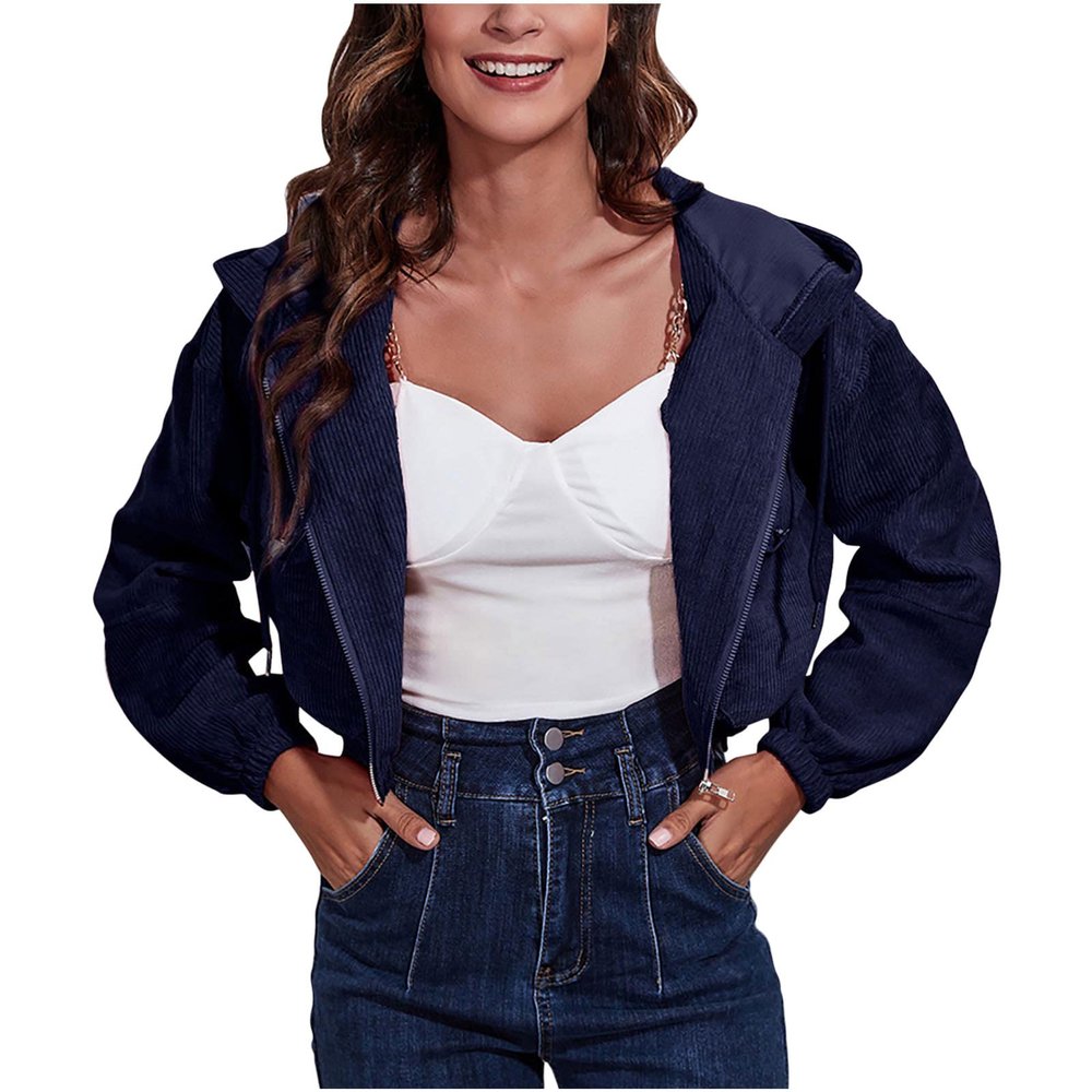 tuduoms Womens Casual Zip Up Hoodies Corduroy Crop Jackets Drawstring Clothes Y2K Tops Long Sleeve Sweatshirts for Teen Girls