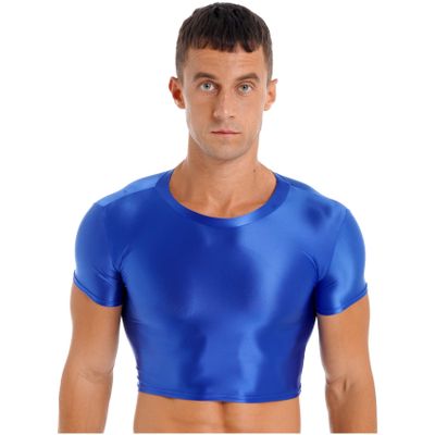 Yihuimin Men's Shiny Oil Short Sleeve Crop Tops Shirt Gym Sports Workout Compression T-Shirt Blouse Blue Large