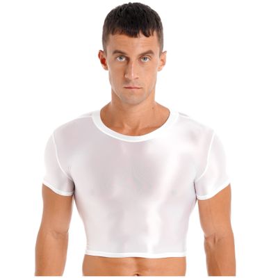 Yihuimin Men's Shiny Oil Short Sleeve Crop Tops Shirt Gym Sports Workout Compression T-Shirt Blouse White X-Large