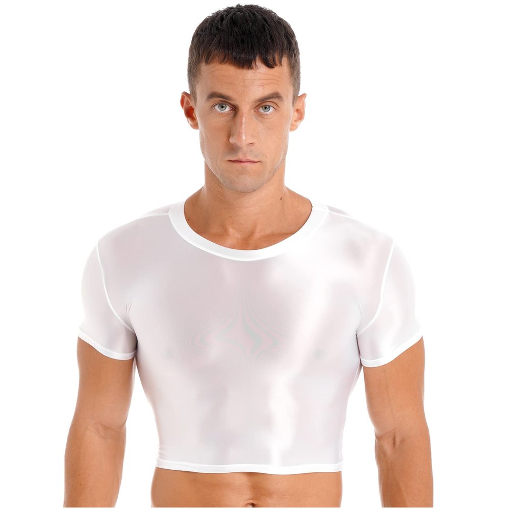 Yihuimin Men's Shiny Oil Short Sleeve Crop Tops Shirt Gym Sports Workout Compression T-Shirt Blouse White X-Large