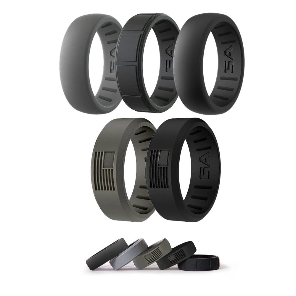 S A Company 5 Pack Silicone Ring Men Comfort Fit Stylish and Lightweight Medical Grade Silicone Wedding Band
